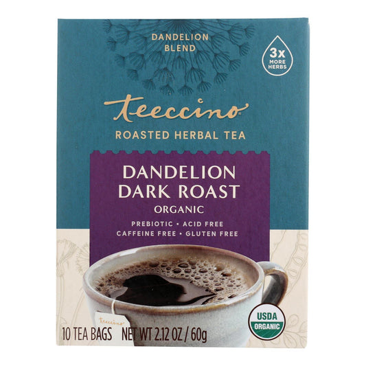 Teeccino Organic Herbal Coffee - Dandelion Dark Roast - 10 Bags - Case of 6