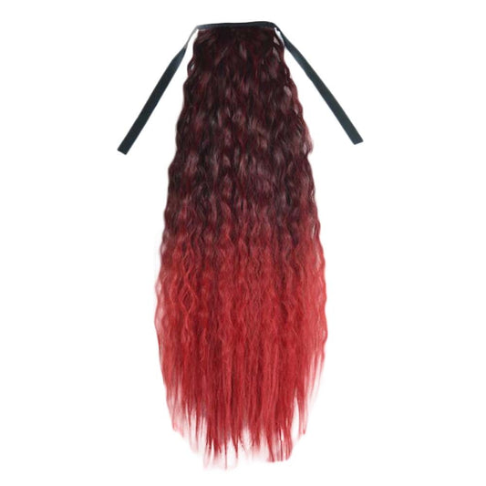 Wavy Curly Wrap Around Ponytail Wig Extension Woman Drawstring Synthetic Hair Extension Fluffy Hairpiece,Black to Wine Red Halloween Dress Up Cosplay