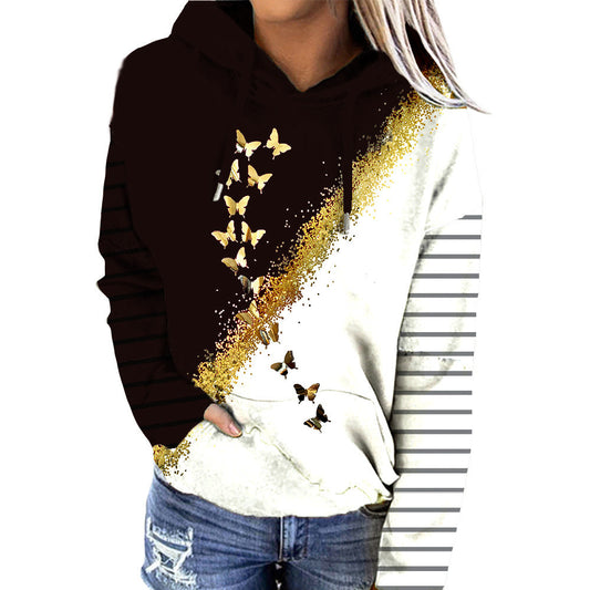 Women's New Hooded Sweater Butterfly Print Contrast Striped Casual Hoodie