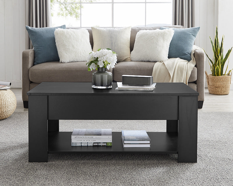 Wooden Lift Top Coffee Table, All Painted, w/Hidden Storage Compartment & Lower 3 Cube Open Shelves for Living Room/Reception Room/Office, Black