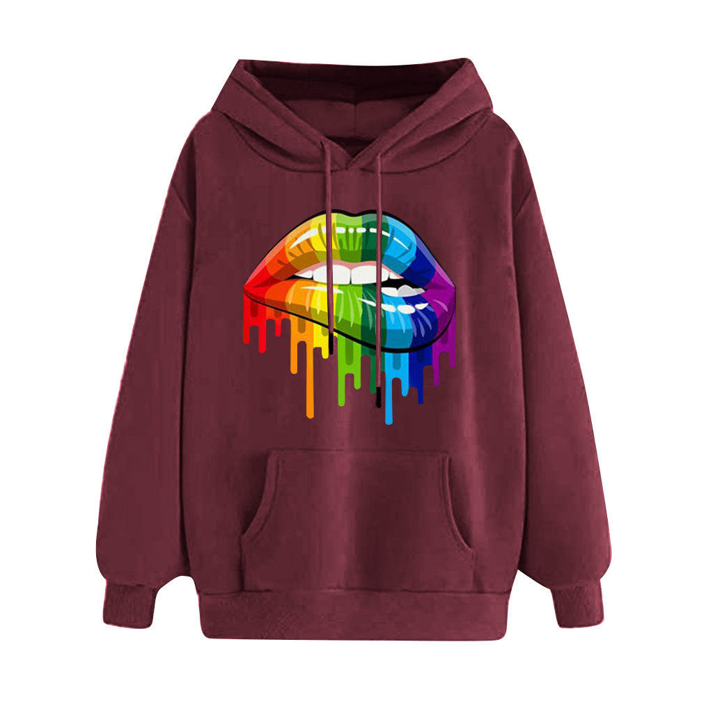 Rainbow Lips Graphic loose hooded hoodie