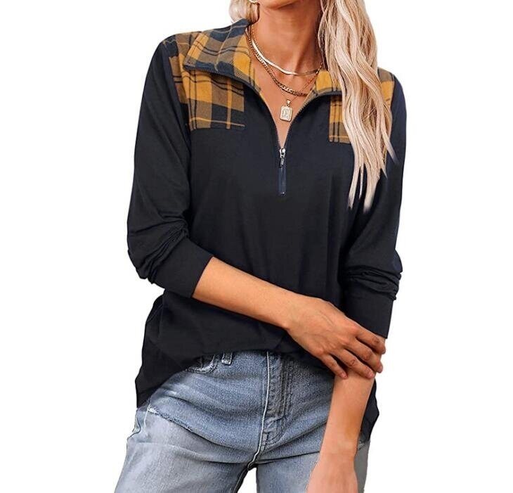 Plaid Print Half Zipper Lapel Long Sleeved Tunics
