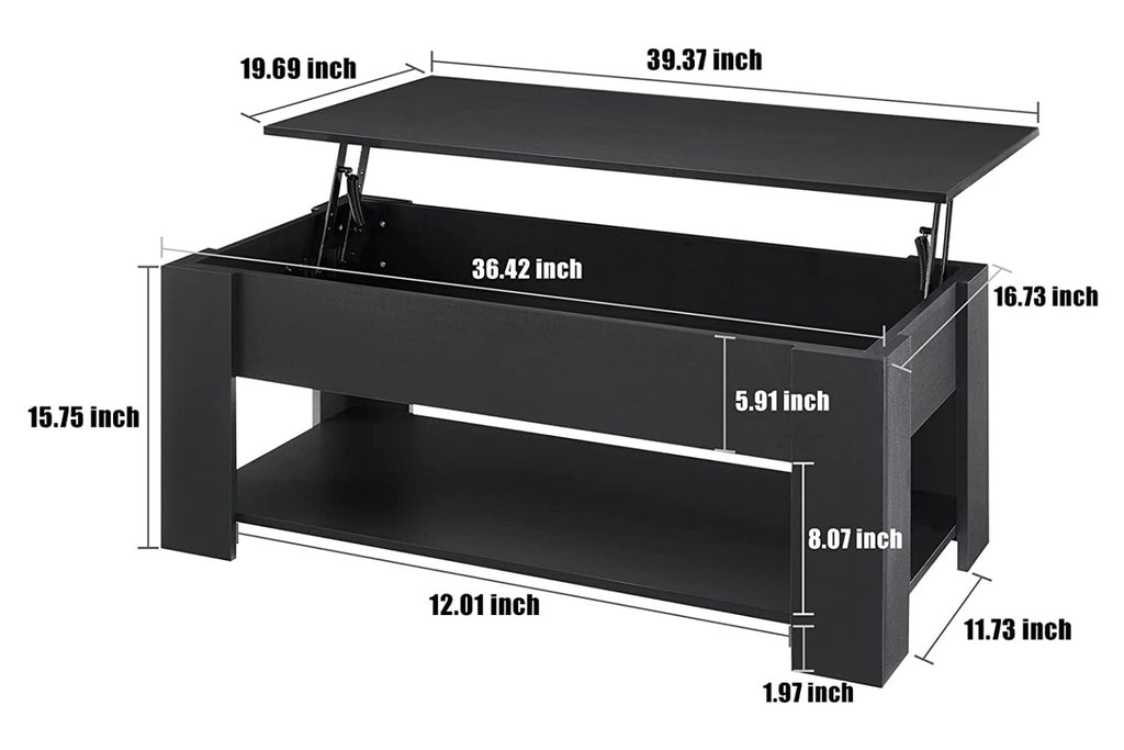 Wooden Lift Top Coffee Table, All Painted, w/Hidden Storage Compartment & Lower 3 Cube Open Shelves for Living Room/Reception Room/Office, Black
