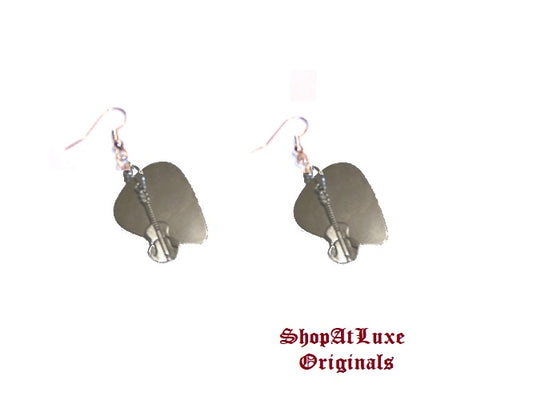 Steel Guitar Pick Earrings With Guitar Pendants